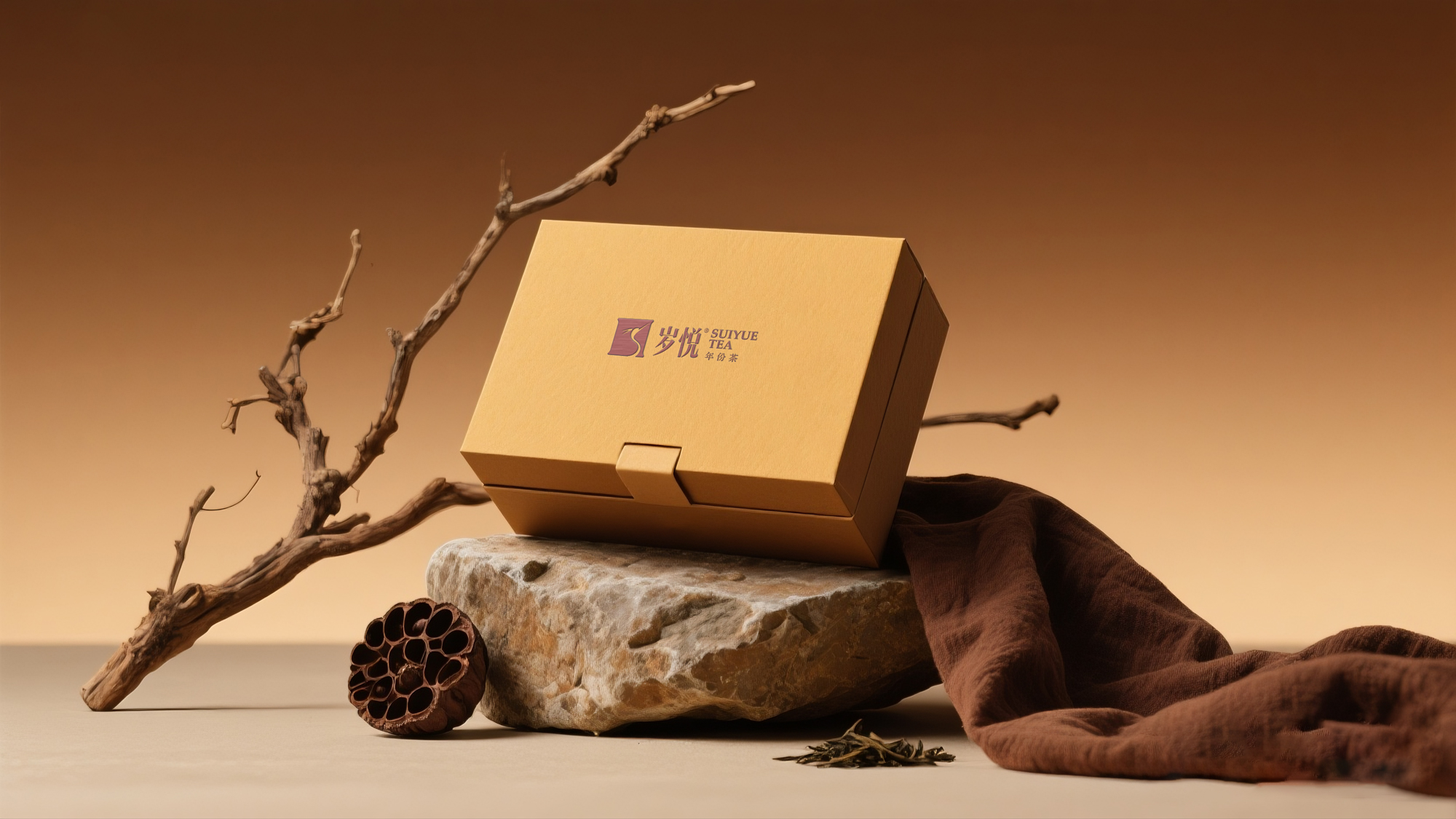 jimeng-2025-09-29-8326-乌龙茶包装盒宣传图，呈现一个乌龙茶包装盒，盒身为棕黄色卡纸材质，让包装盒放置在一_.jpg